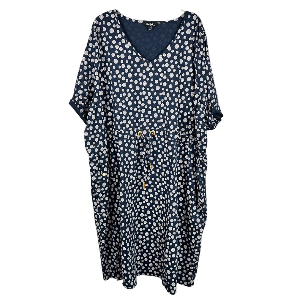 Ulla Popken Navy Blue V Neck Short Rolled Sleeve White Dot Print Plus Size Dress